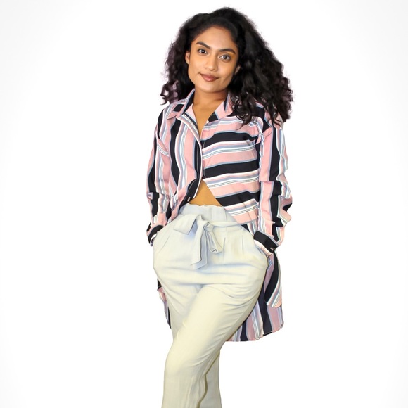 STRIPED BUTTON FRONT OVERSIZED LONG SLEEVE BLOUSE - Picture 1 of 5